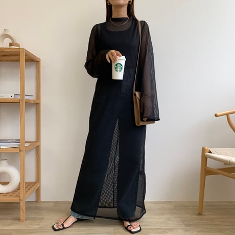 袖フレアメッシュロングワンピース