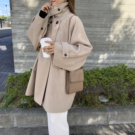 フェイクウールスタンドカラーポンチョコート