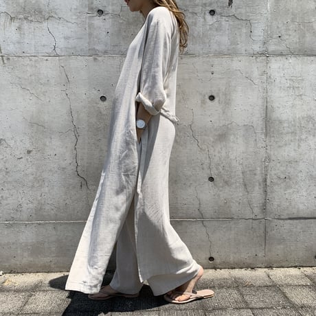 リネンノーカラーロングガウン