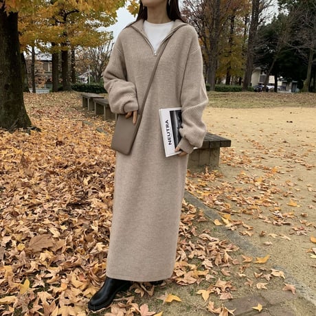 メランジハーフジップニットロングワンピース
