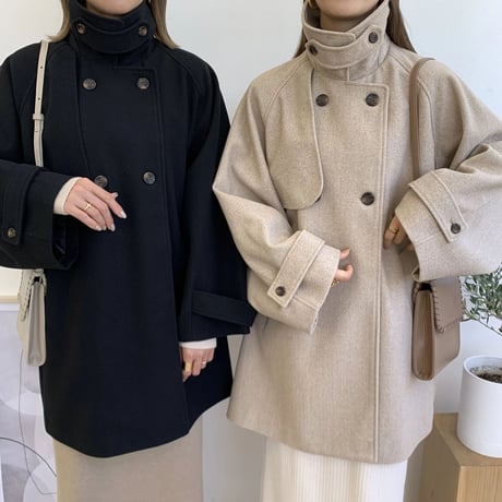 フェイクウールスタンドカラーポンチョコート