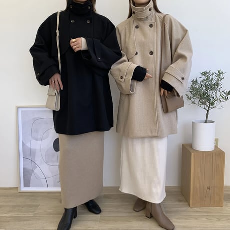 フェイクウールスタンドカラーポンチョコート