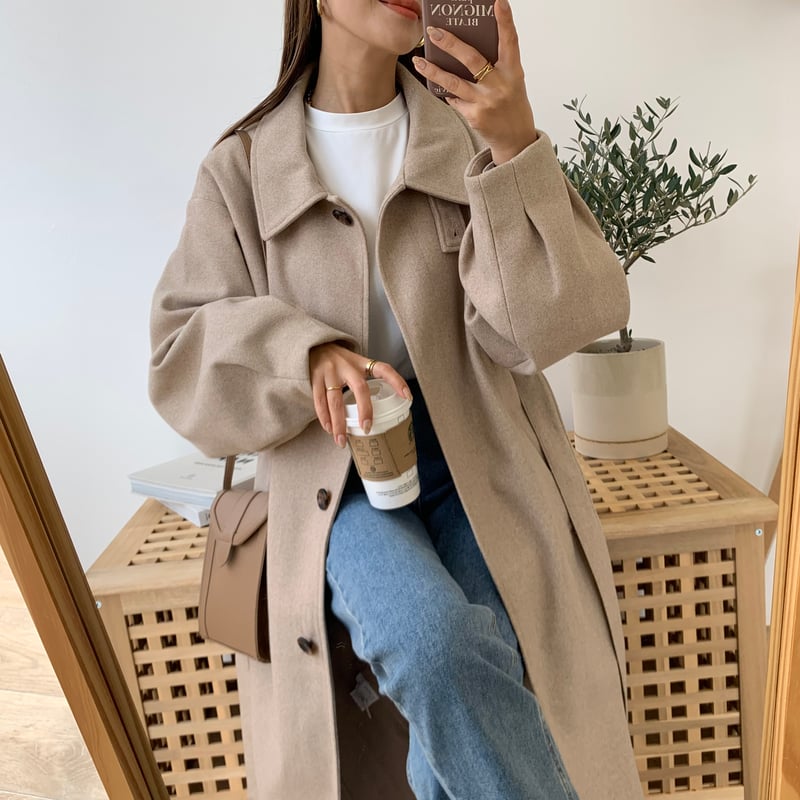 フェイクウールステンカラーロングコート | BLATE