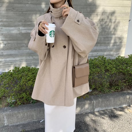 フェイクウールスタンドカラーポンチョコート