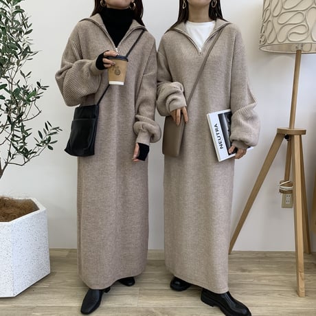 メランジハーフジップニットロングワンピース