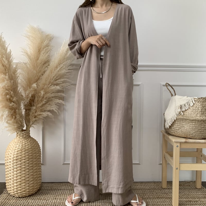 オリジナルリネンノーカラーロングガウン 【スモークモカ】 | BLATE