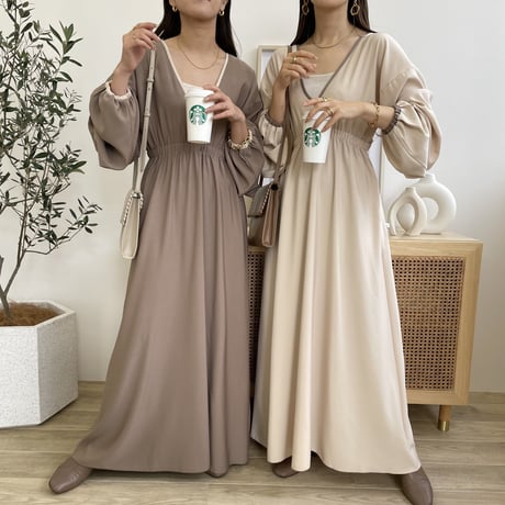 2wayたぽ袖パイピングフレアワンピース