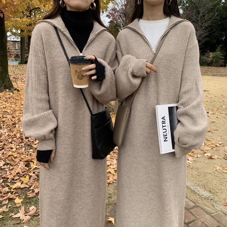 メランジハーフジップニットロングワンピース