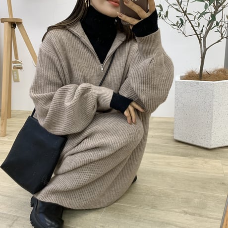 メランジハーフジップニットロングワンピース