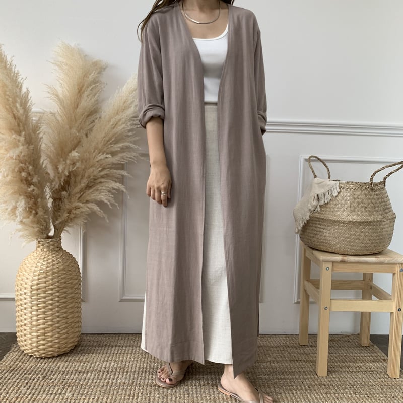 オリジナルリネンノーカラーロングガウン 【スモークモカ】 | BLATE