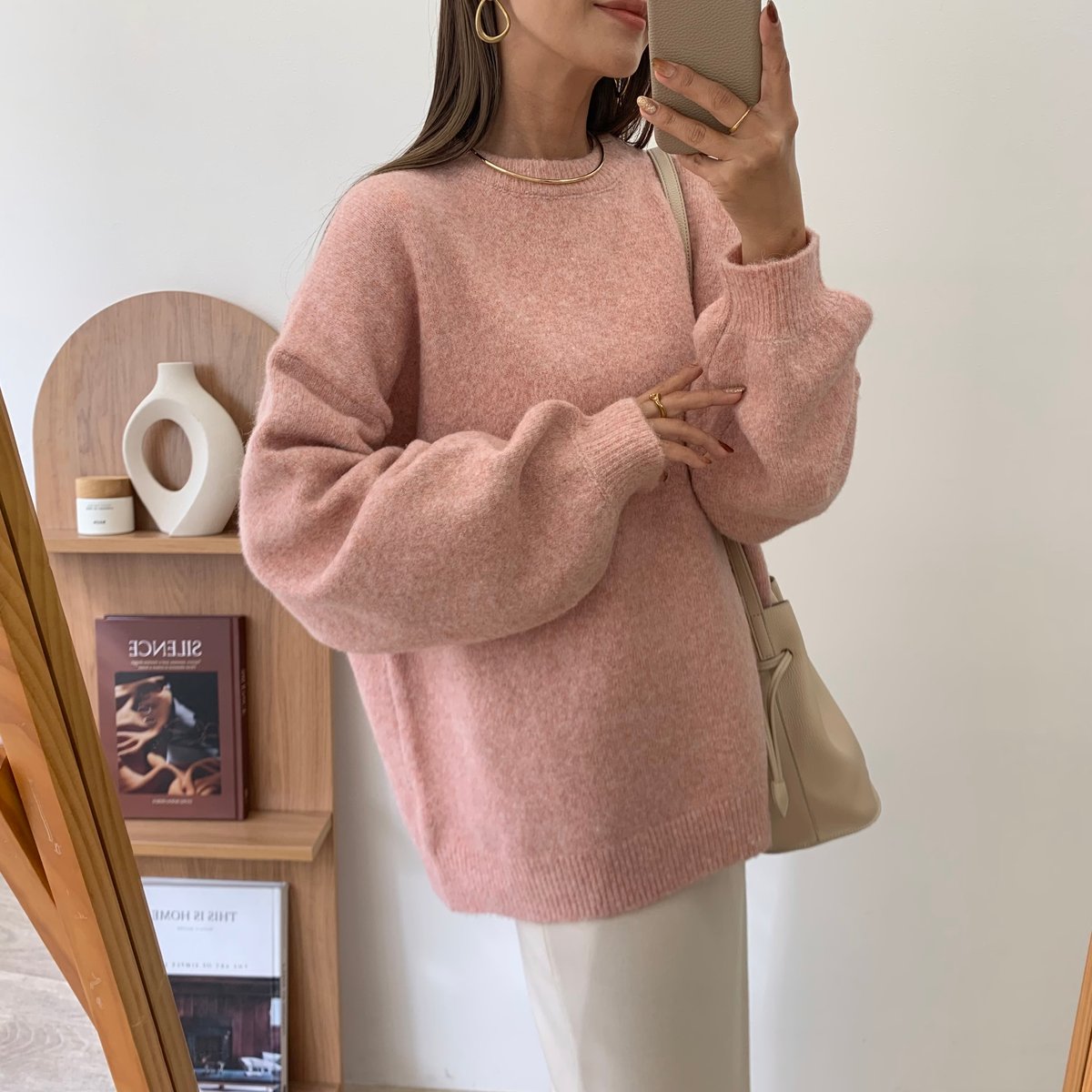 12/11入荷商品・ボリュームスリーブニュアンスシンプルピンクニット