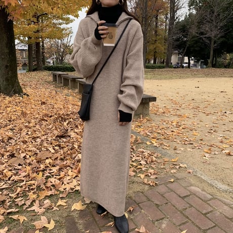 メランジハーフジップニットロングワンピース