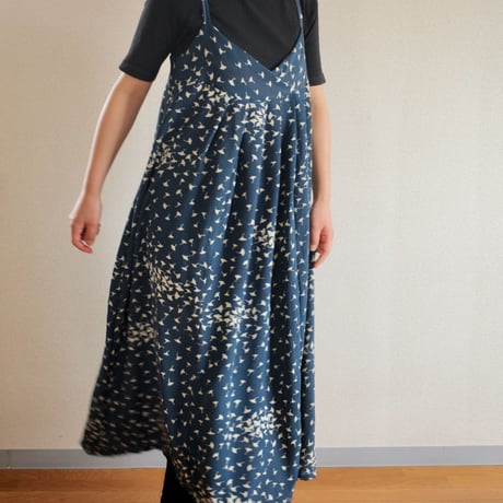 Dark blue x Ginkgo leaf pattern Kimono Long Dress (no.443)