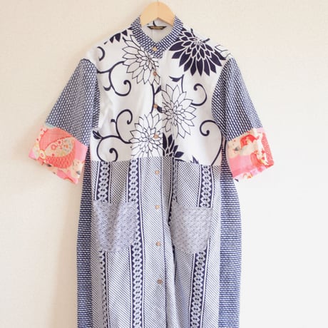 Various Yukata & baby pattern Kimono combined Long Shirt Dress (no.462)