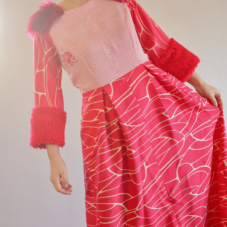 Red Boa&Fur Kimono psychedelic dress (no.253)