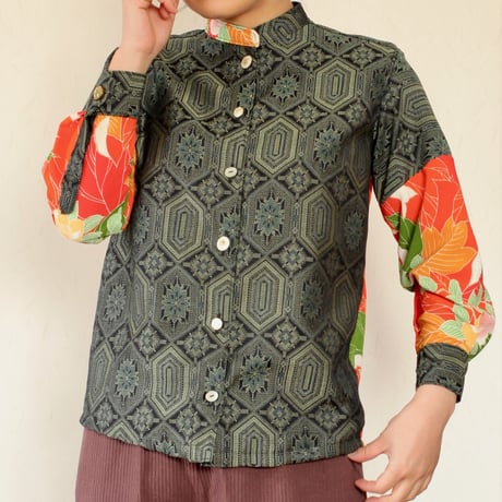 Dark green & Orange flower pattern kimono Shirt (no.255)