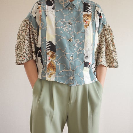 Japanese Plum x Tiger x Crane pattern Kimono designed Shirt (no.423)