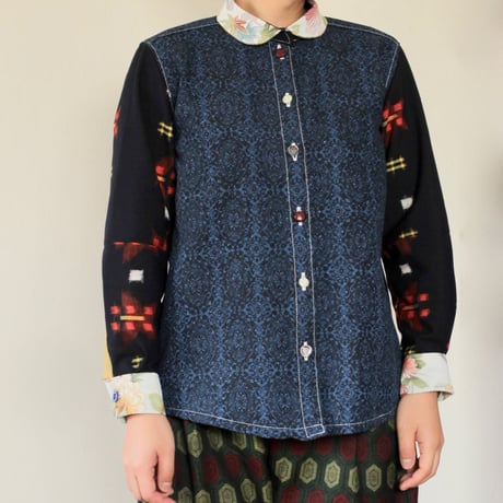 Dark blue & flower pattern & Kasuri Kimono Shirt (no.256)