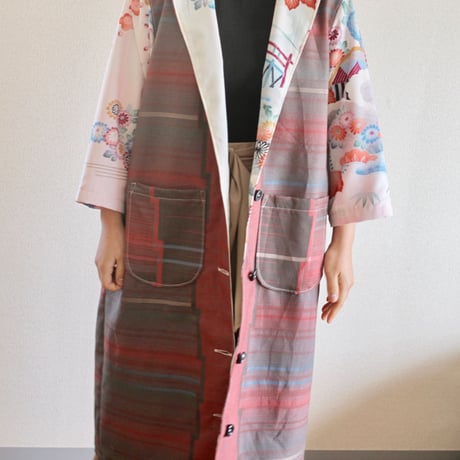 Pink&Grey x flower pattern Kimono Long Jacket (no.236)