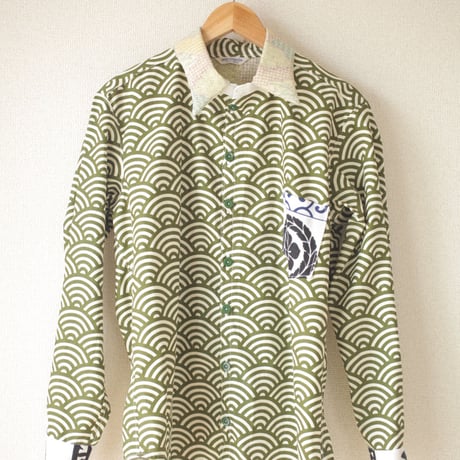 Men's green wave pattern x Kanji long sleeve shirt (no.057)