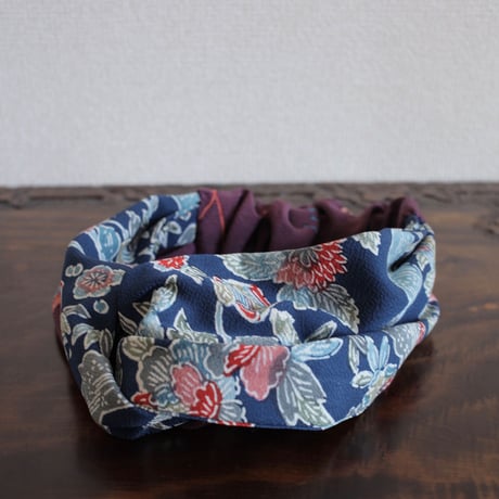 FINAL SALE !!!Kimono Hairband Blue flower x purple tea ceremony (no.470)