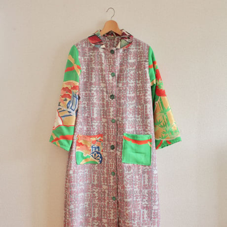 Furisode & Abstract pattern Pink Kimono Long Coat (no.222)