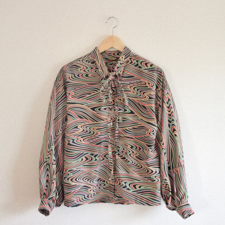FINAL SALE !!!Black and colored wave pattern Kimono Ribbon Shirt (no.404)