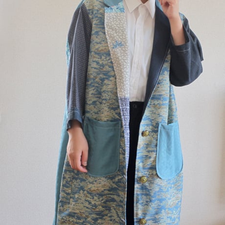 Japanese blue Kimonos Unisex Long Jacket (no.184)