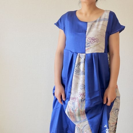 Blue&flower pattern Kimono one-piece dress (no.189)