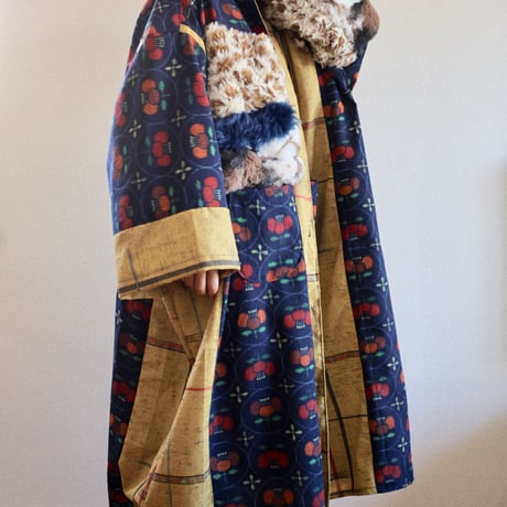 Retro yellow&flower pattern Kimono Fur Long  Jacket (no.357)