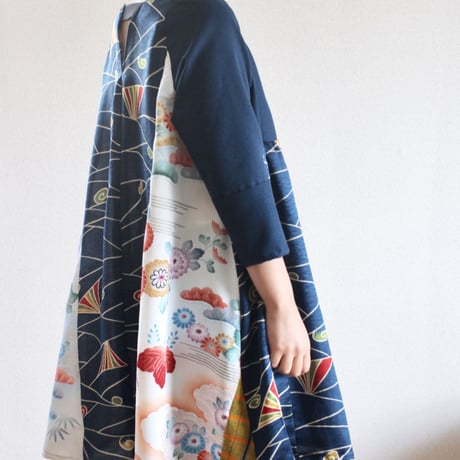 Dark blue & Flower Kimono Tunic (no.242)