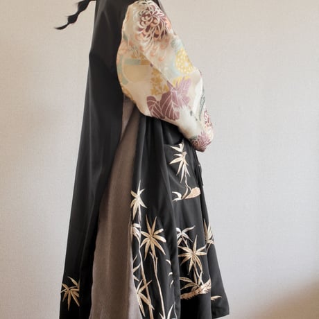 Antique flower Obi & Black Kimono Long Jacket (no.283)