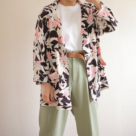 Flower pattern Silk Kimono Unisex Jacket (no.420)