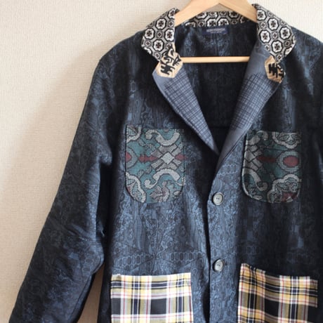 Shogi x Check patterns & Dark blue Kimono Long Coat (no.235)