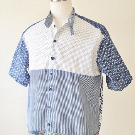 White x blue Yukata Summer shirt (no.194)