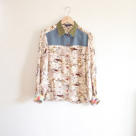 Silk Kimono brown&cream white casual Shirt (no.338)