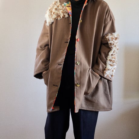 Brown Wool Kimono & fur half length Jacket (no.362)