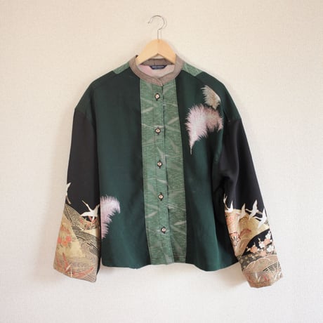 Dark green & Crane pattern Kimono shirt (no.281)