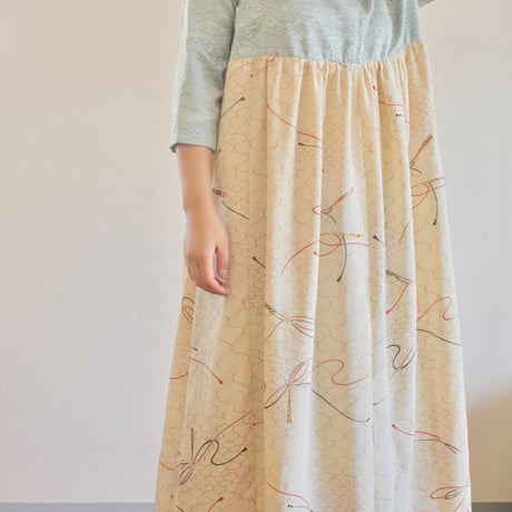 Light blue x Japanese fan pattern Kimono Long Dress (no.252)