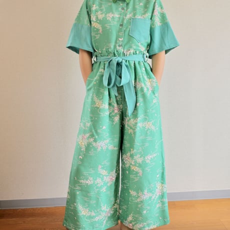 Light green Cotton Kimono Shirt & Wide Pants Combination (no.417)