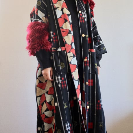 Black Kimono x Red fur oversized Long Jacket (no.356)