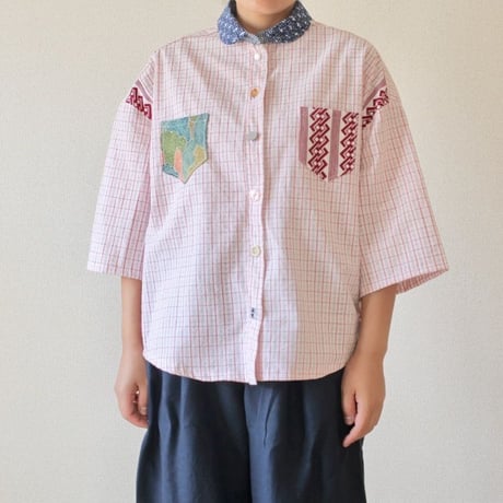 Pink check cotton Yukata shirt (no.190)