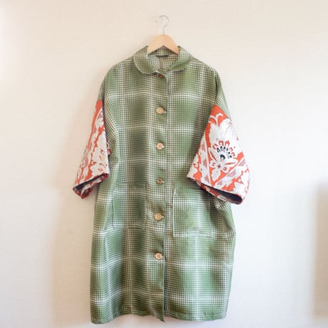 Matcha Green fabric x Silver embroidery Obi Long Coat (no.272)