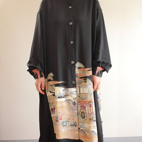 Black Kimono x Japanese scenery Long Shirt Dress (no.430)