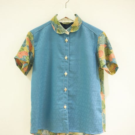 Light blue x Leaf pattern Kimono half sleeve shirt (no.175)