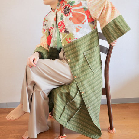 Flower & Matcha green Kimono Long jacket (no.393)
