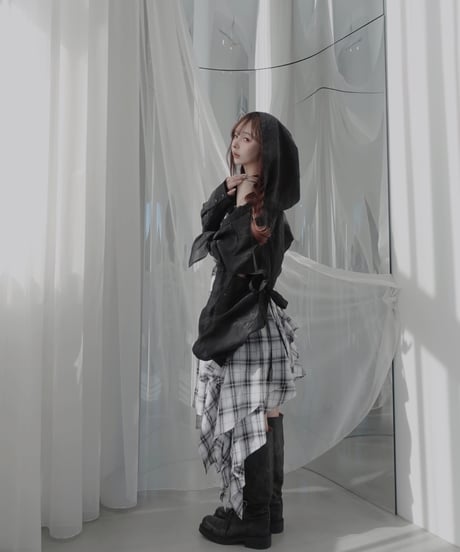 【Sheer Black】サイドカットフードシャツ/Side Cutting Hooded Shirts