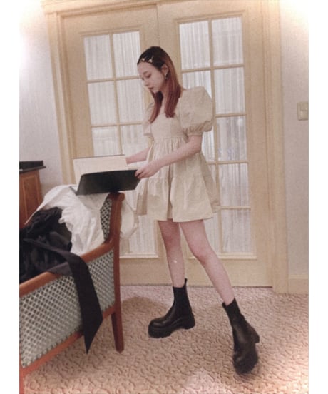 【ベージュ】パフスリーブチュニックワンピ Puff Sleeve Tunic One-Piece
