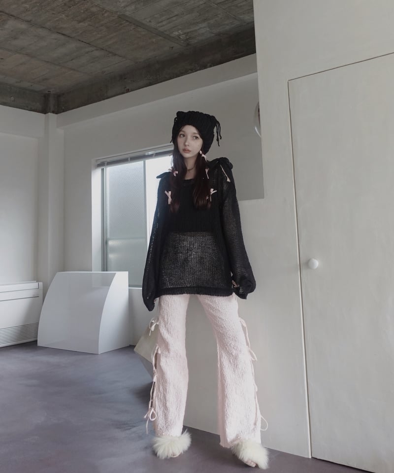 Black】ショルダーリボンモヘアニット/Shoulder Ribbon Mohair Kn