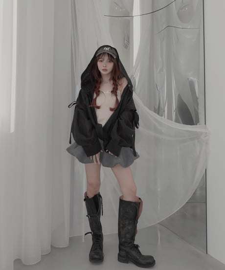 【Sheer Black】サイドカットフードシャツ/Side Cutting Hooded Shirts